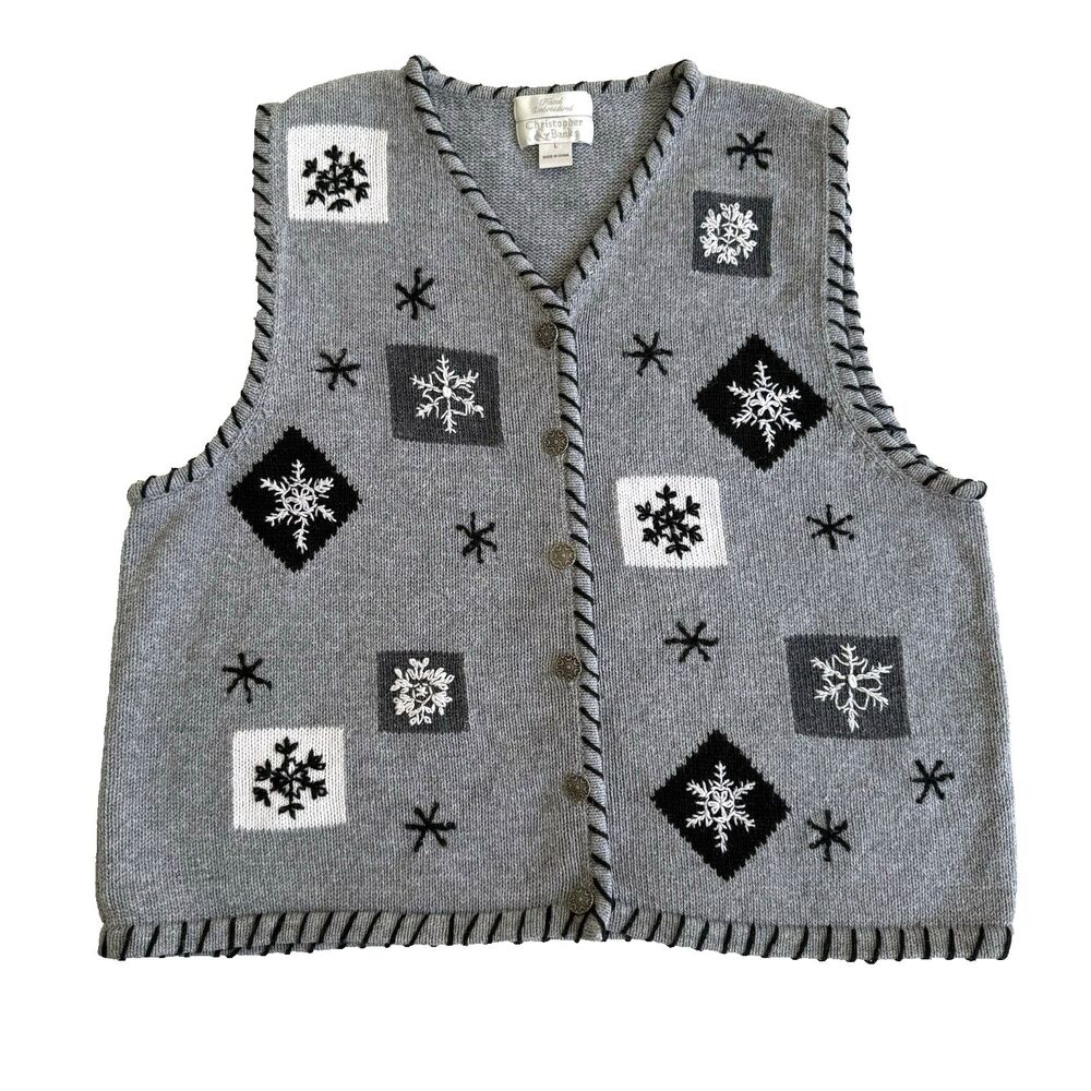 Y2K Snowflake Winter Sweater Vest Gray Embroidered Christopher & Banks L